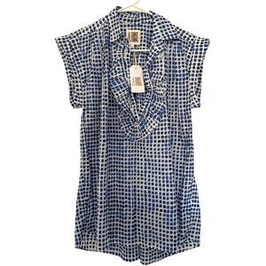 A SHIRT THING Size Small Logan Cabo Tunic Top White Blue Ruffle Cotton NEW $349